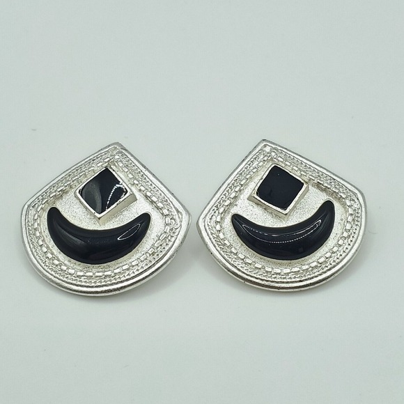 Vintage Vendome Clip On Earrings Silver Tone Black Enamel Fashion Jewelry - Picture 1 of 7